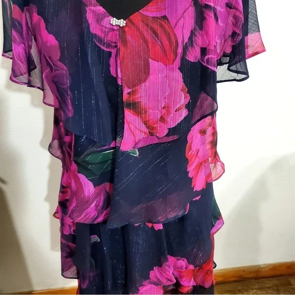 SLNY Womens Floral Flutter Party Sheath Chiffon Dress Black Red Pink Purple 14 - Picture 3 of 12